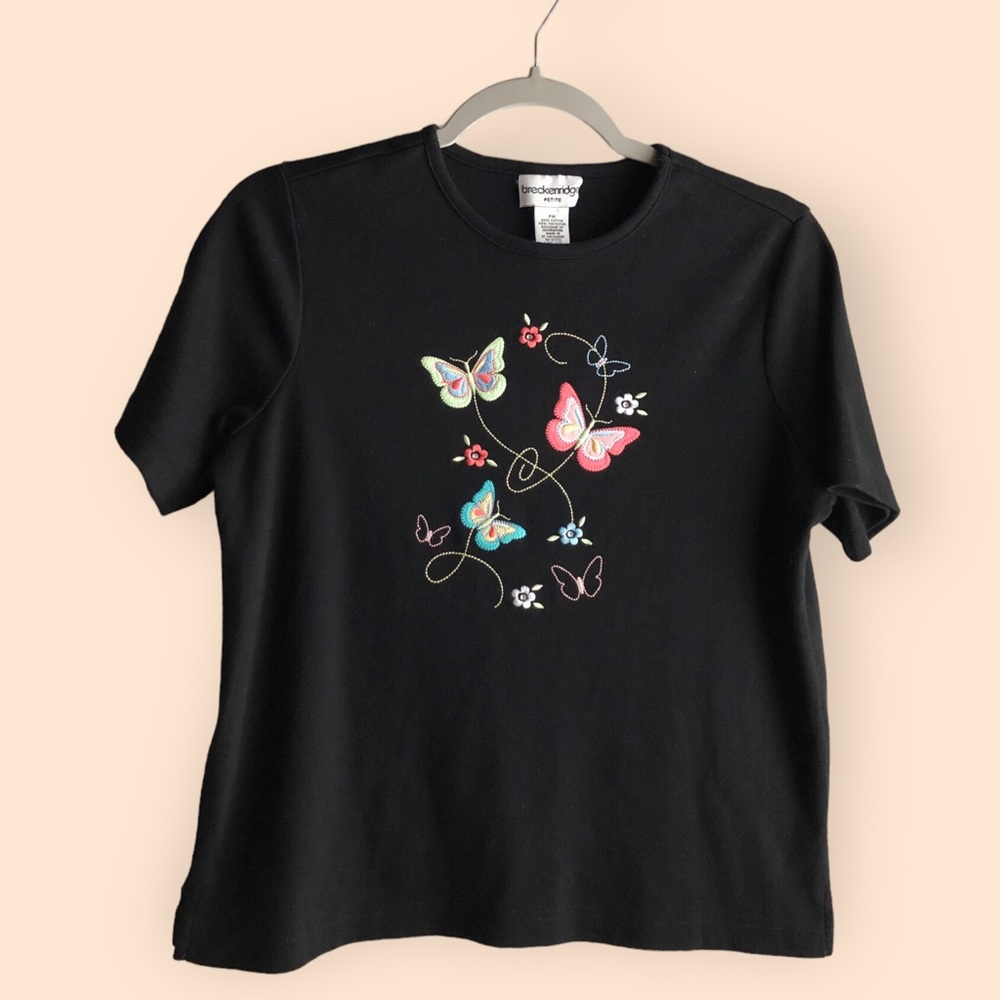 Vintage 90s Y2K Embroidered Butterfly Cotton T-shirt Breckenridge Petite Medium